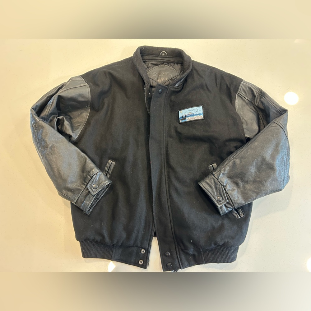 1990s Vintage Leather “Montana” Patch Black Varsity Jacket - men’s size M